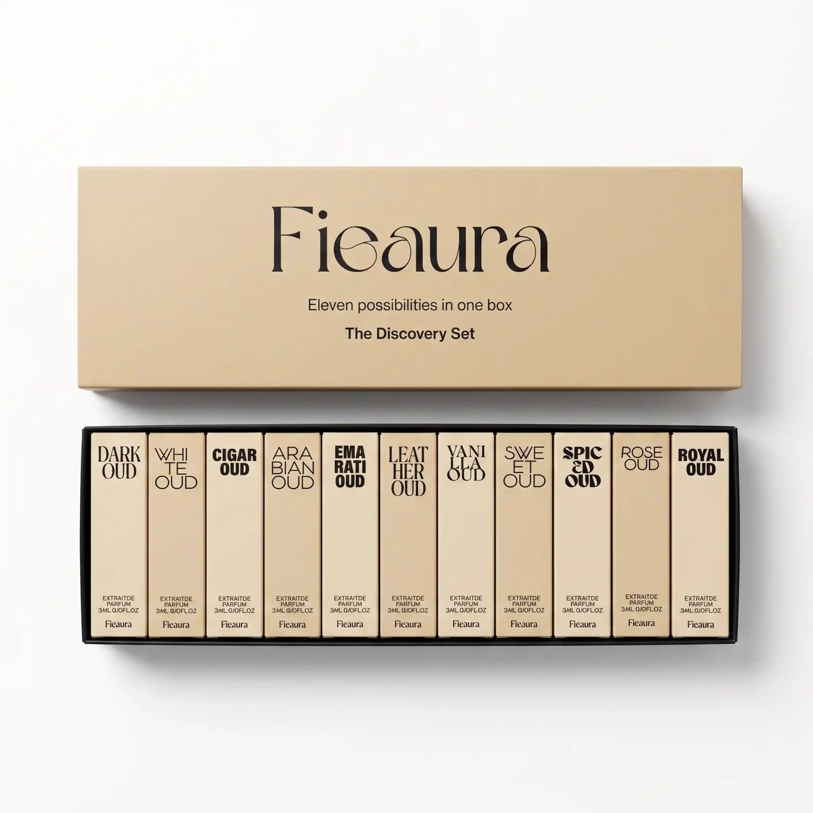 Fieaura oud perfume discovery set with 11 oud perfumes 